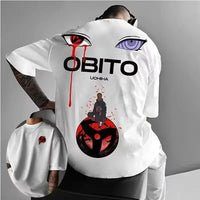 A high-quality Obito Uchiha T-shirt made of soft cotton, featuring a graphic anime print for men and boys, styled as parent-child casual wear.