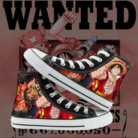 Trendy One Piece High-Top Canvas Shoes featuring creative anime pictures of Luffy, Zoro, Ace, and Chopper for men and women.