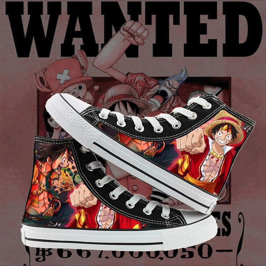 Trendy One Piece High-Top Canvas Shoes featuring creative anime pictures of Luffy, Zoro, Ace, and Chopper for men and women.