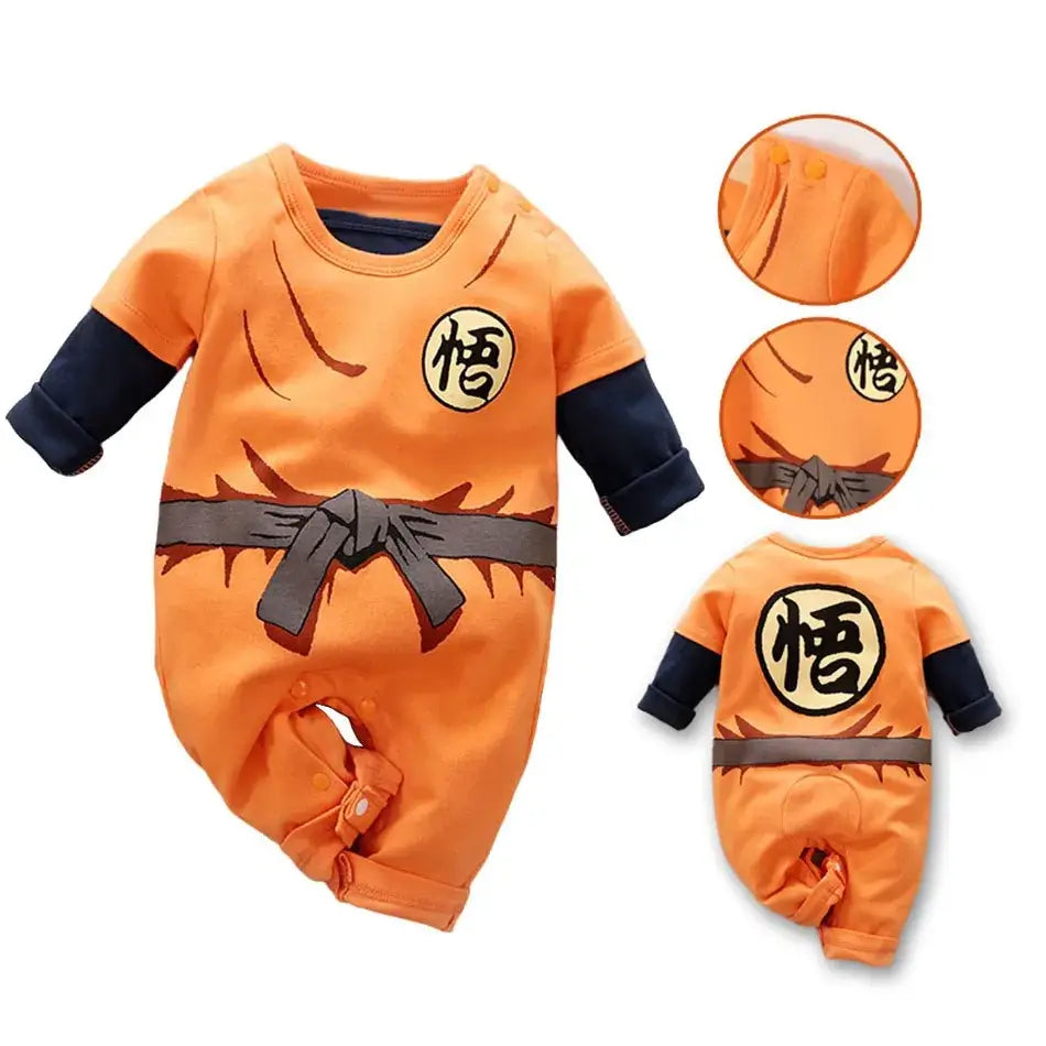 A newborn infant wearing the Baby Anime Costume, a cosplay jumpsuit available in Luffy, Akatsuki, and Vegeta styles.