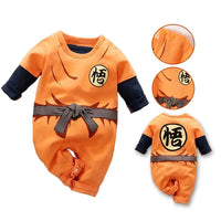 A newborn infant wearing the Baby Anime Costume, a cosplay jumpsuit available in Luffy, Akatsuki, and Vegeta styles.