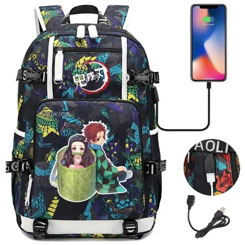 A pink and black Nezuko Demon Slayer Backpack featuring a USB charging port and kawaii anime character art, designed for teen girls and students.