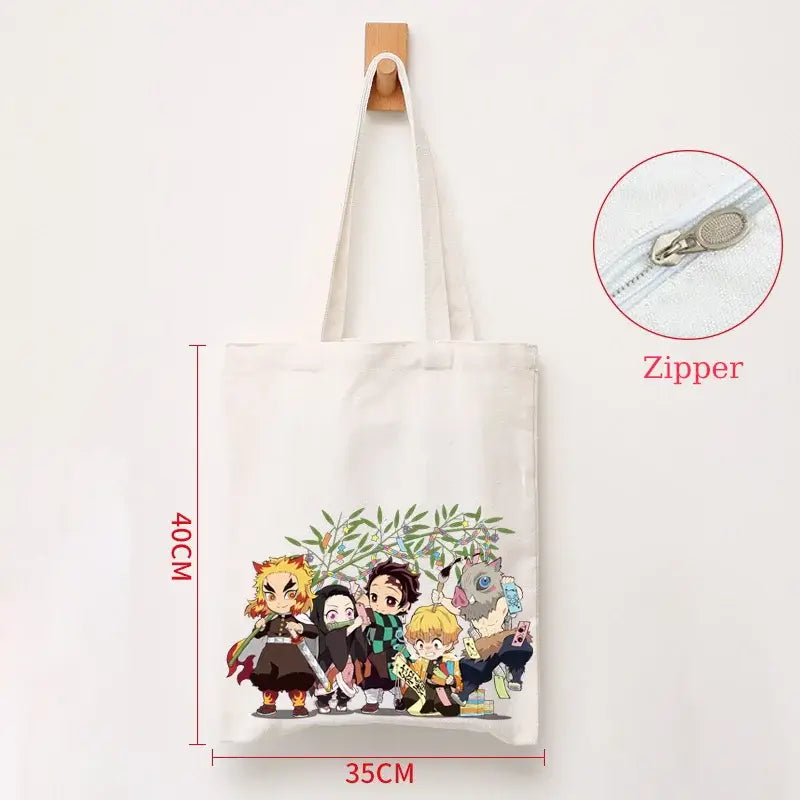 A durable Demon Slayer Canvas Bag featuring Kamado Nezuko and Tanjiro anime graphics, designed as a zipper tote for students and shoppers.