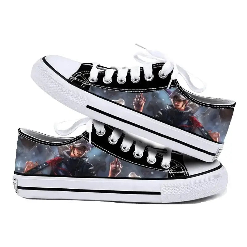 Trendy One Piece Canvas Shoes featuring Riman printed anime art, designed as breathable low-top flat sneakers for boys, girls, and couples.