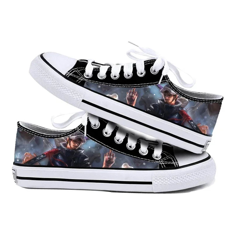 One Piece Anime Low Top Canvas Sneakers flat lay pair printed anime canvas couple birthday gift