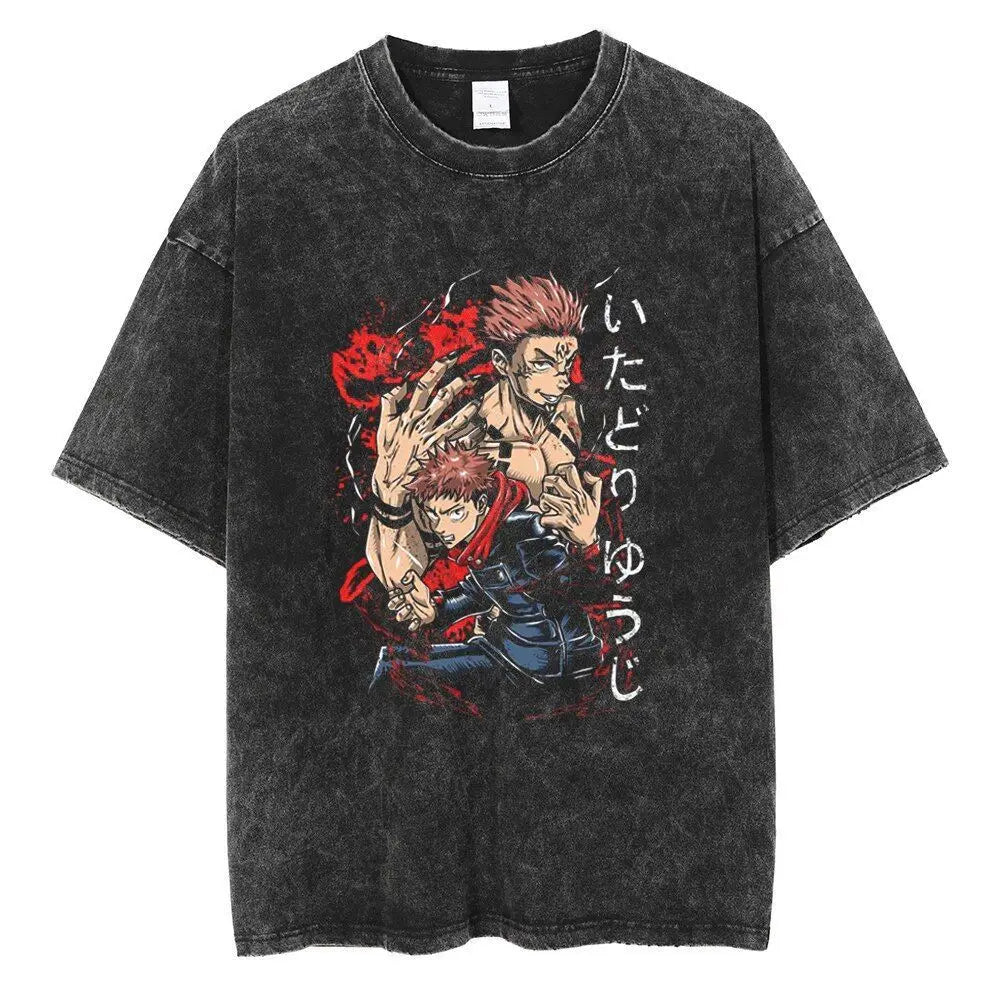 Jujutsu Kaisen Vintage Washed Cotton T-Shirt featuring bold graphic design and relaxed fit for anime fans.
