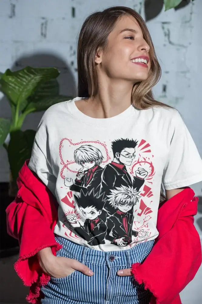 A premium unisex Hunter x Hunter T-Shirt featuring a dynamic manga graphic of Gon Freecss and Killua Zoldyck for anime fans.