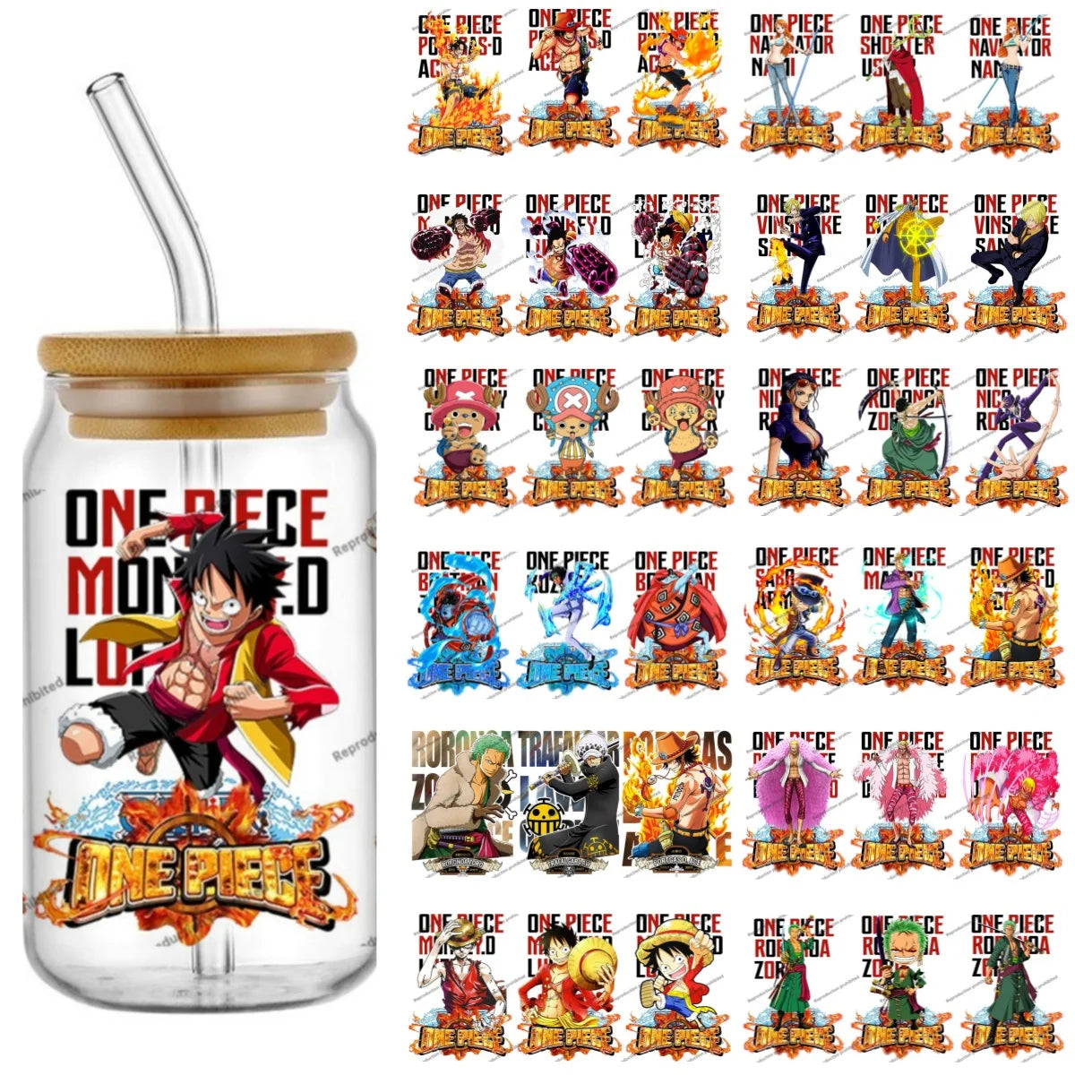 A collection of the newest 31 designs of popular One Piece UV DTF Stickers for a 16oz glass cup.