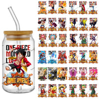 A collection of the newest 31 designs of popular One Piece UV DTF Stickers for a 16oz glass cup.