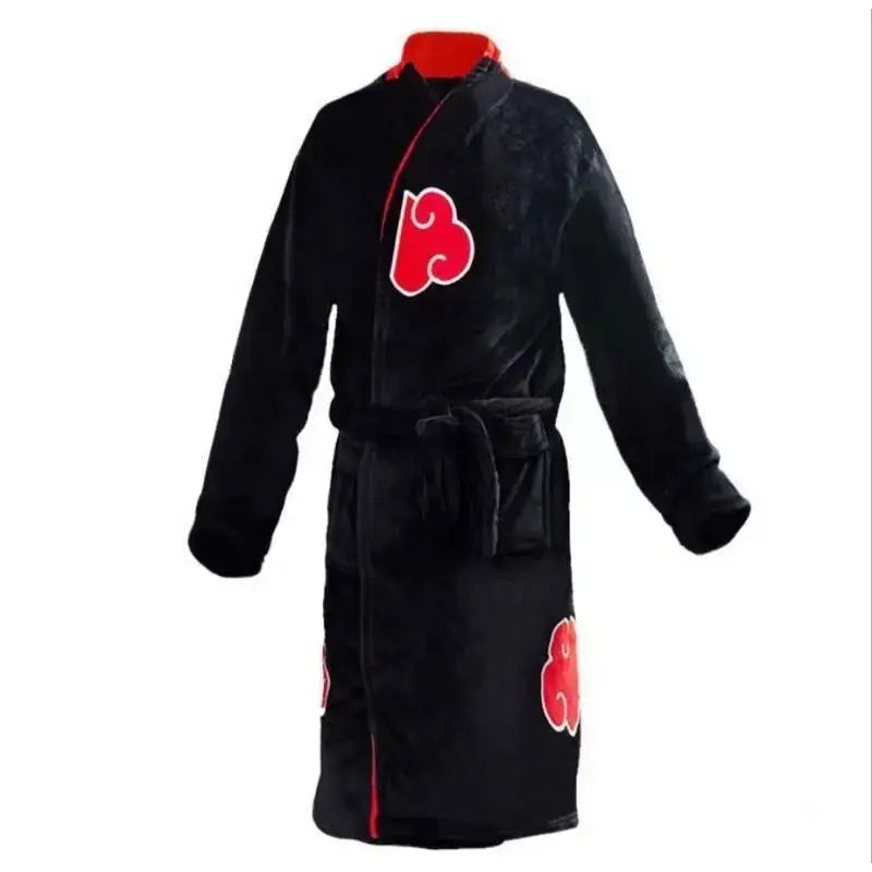 A thick flannel Naruto Akatsuki Robe featuring red clouds and Uchiha Itachi anime styling, designed as a thermal winter bathgown for young adults.