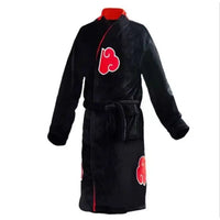 A thick flannel Naruto Akatsuki Robe featuring red clouds and Uchiha Itachi anime styling, designed as a thermal winter bathgown for young adults.
