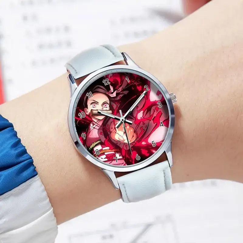 A stylish Demon Slayer Watch featuring two-dimensional anime art of Rengoku Kyoujurou and Tokitou Muichirou, designed as a trendy business wristwatch.