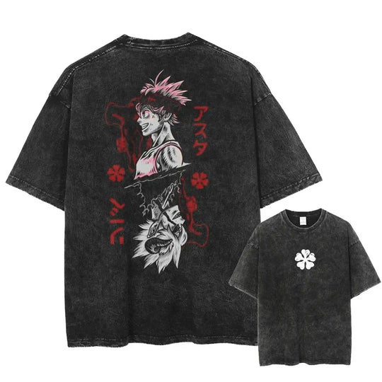 Asta Black Clover Manga Streetwear T-Shirt featuring a washed black design with anime graphics, oversized fit, casual style.