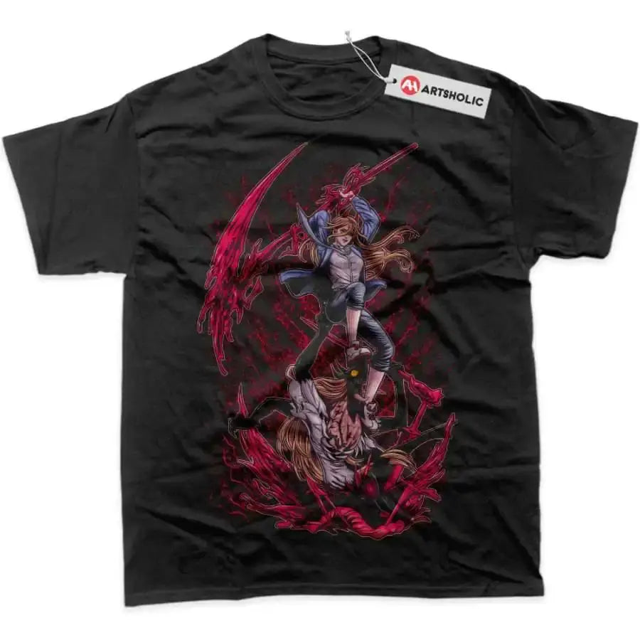 An oversized Chainsaw Man T-Shirt made of soft cotton, featuring a graphic print of Power and Makima for men's and women's streetwear.