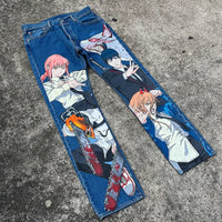 Trendy Cartoon Print Jeans featuring a high street graphic design, styled as loose wide-leg Harajuku denim for men and women.