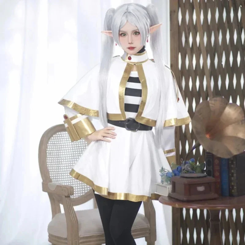 Frieren Cosplay Costume Set featuring a character in a white dress with gold accents and a matching wig.