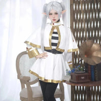 Frieren Cosplay Costume Set featuring a character in a white dress with gold accents and a matching wig.