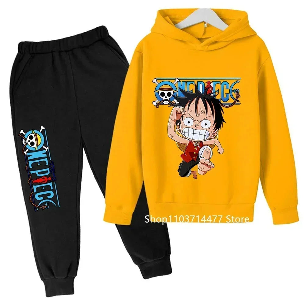 A comfortable One Piece Hoodie Set for kids featuring Monkey D. Luffy anime graphics, including a hoodie and pants 2-piece sports suit.