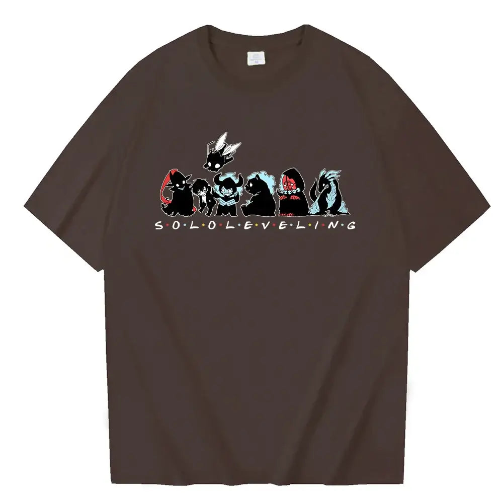 A Cute Solo Leveling T-shirt with a chibi anime design, perfect as a short sleeve O-neck gift for fans.