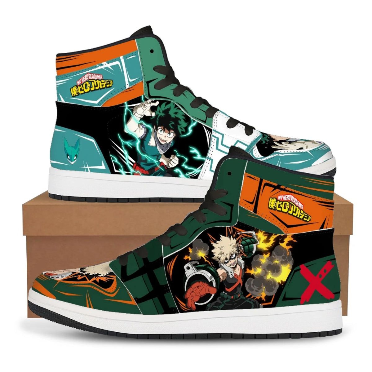 Casual Midoriya Izuku Sneakers featuring green Deku anime print, comfortable flat basketball shoes for men and women.