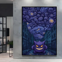 A stunning Van Gogh Pokemon Wall Art piece featuring Pikachu painted in a Starry Night impressionist style for unique home decoration.