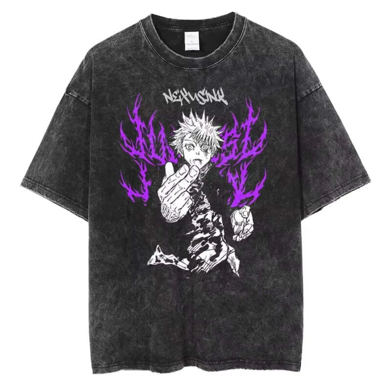 A vintage-style Ryomen Sukuna Washed T-Shirt in oversized cotton, featuring a high-definition graphic of the King of Curses for anime streetwear.