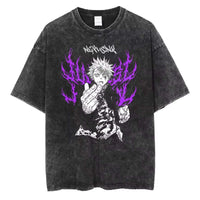 A vintage-style Ryomen Sukuna Washed T-Shirt in oversized cotton, featuring a high-definition graphic of the King of Curses for anime streetwear.