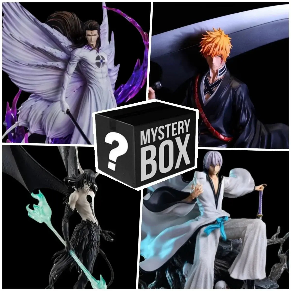 A vibrant Bleach Blind Box packaging revealing highly detailed anime action figures of Kurosaki Ichigo, Sosuke Aizen, and Rukia Kuchiki for collector display.