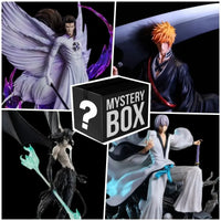 A vibrant Bleach Blind Box packaging revealing highly detailed anime action figures of Kurosaki Ichigo, Sosuke Aizen, and Rukia Kuchiki for collector display.