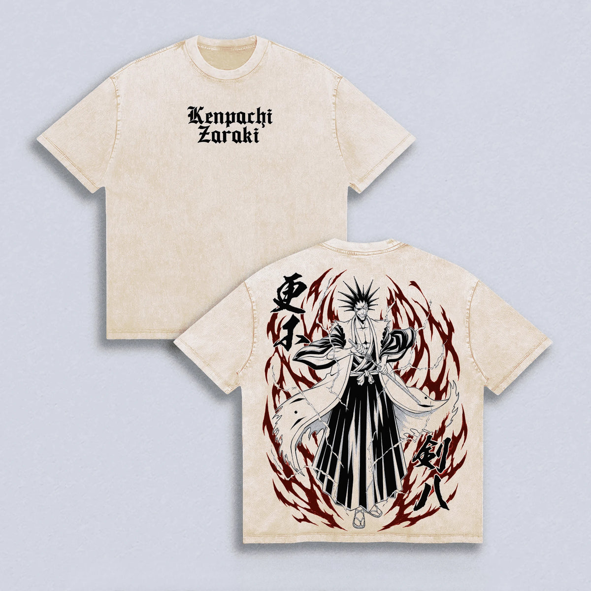 Zaraki Kenpachi Bleach Vintage Washed T-Shirt featuring front and back designs with anime character and flames.
