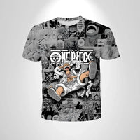 A black loose-fit One Piece Luffy T-shirt featuring a cartoon cosplay graphic of Monkey D. Luffy for men and boys.