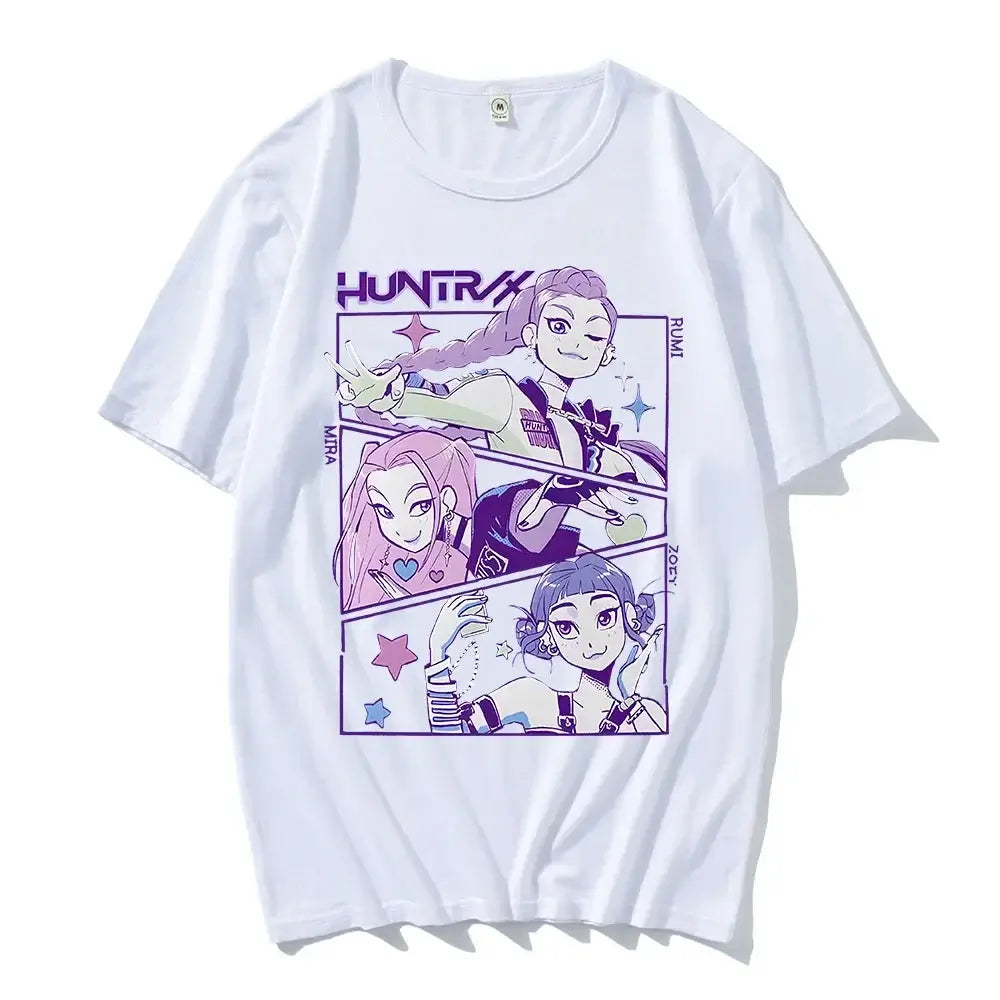 KPop Devil Hunter T-shirt in 100% pure cotton, featuring a fashionable graphic for a unisex casual summer look for men and women.