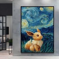 A stunning Van Gogh Pokemon Wall Art piece featuring Pikachu painted in a Starry Night impressionist style for unique home decoration.