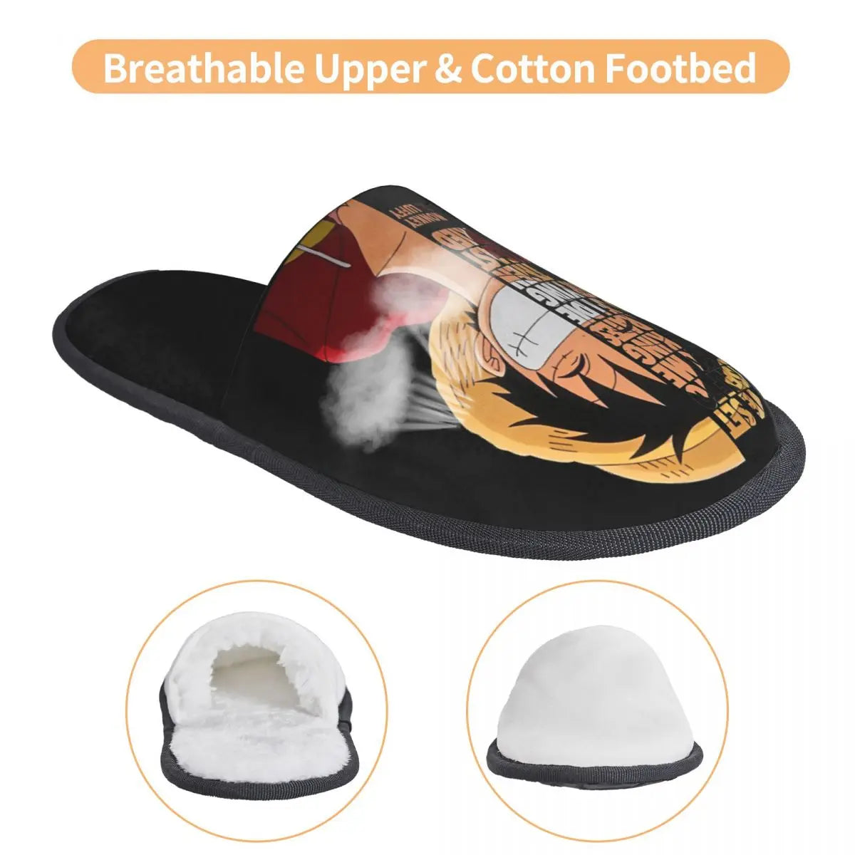 Close-up of One Piece Luffy Memory Foam House Slippers Luffy quote detail non-skid sole cotton