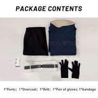 Package contents of Uchiha Obito Cosplay Costume Set including pants, overcoat, belt, gloves, and bandage.