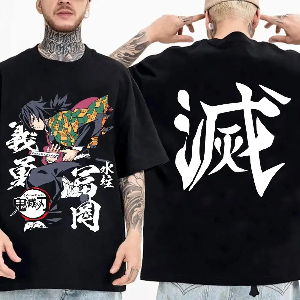 Demon Slayer Cotton Parent-Child Anime T-Shirt worn by parent and child matching summer outfit