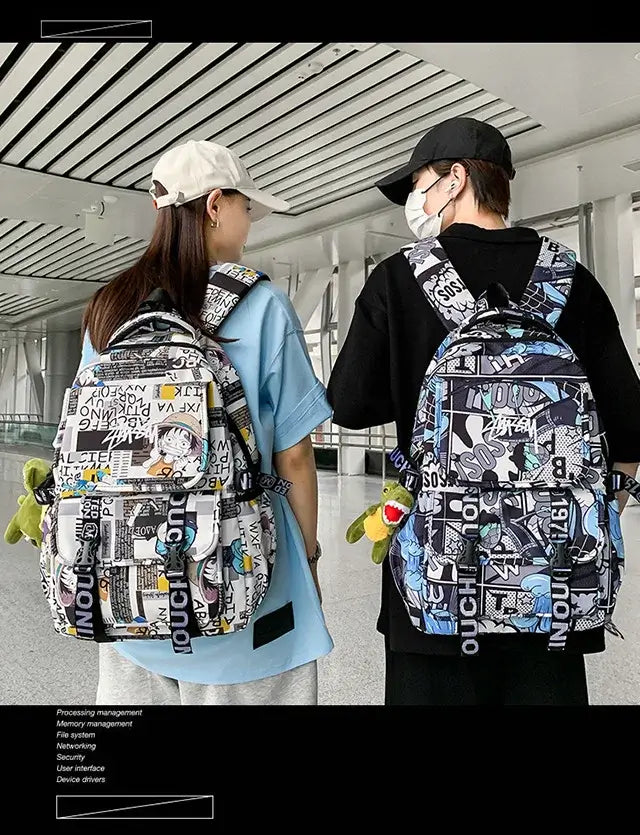 A high-capacity One Piece Luffy Backpack featuring a vibrant graffiti print of Monkey D. Luffy, designed as a durable school bag for middle and high students.