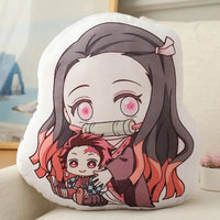 Demon Slayer Nezuko Kawaii Stuffed Plush Doll showcased with a girl holding the cushion featuring Nezuko and Tanjiro designs.