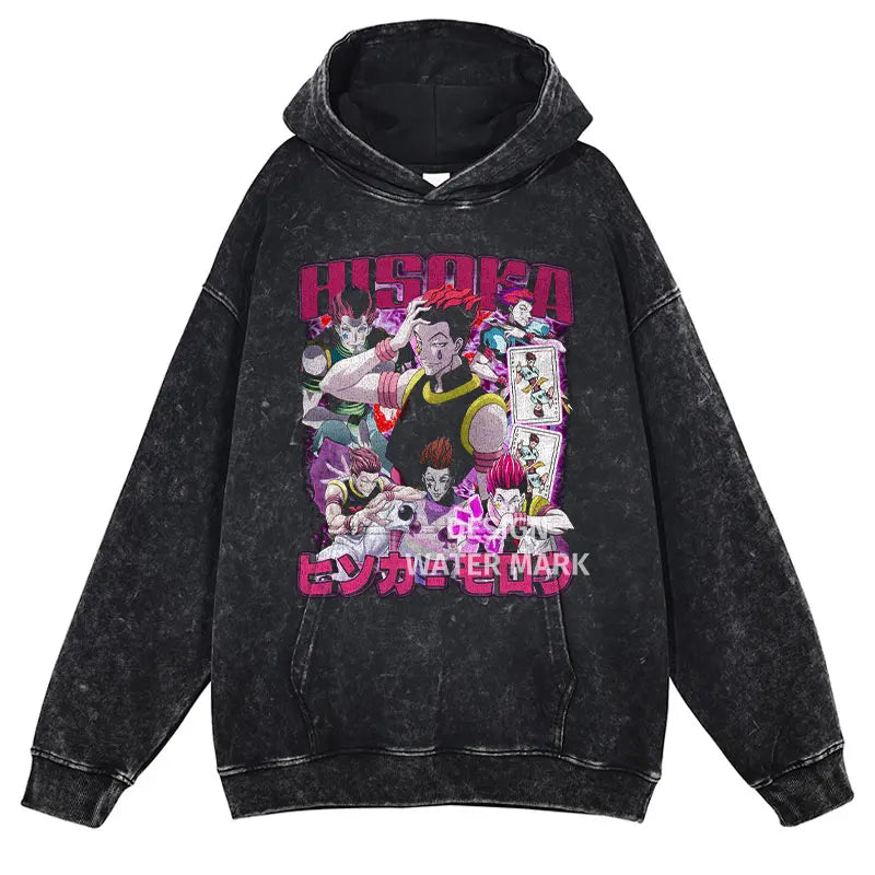 Gon Freecss Hunter x Hunter Washed Hoodie featuring a colorful manga-inspired design on a black pullover.