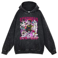 Gon Freecss Hunter x Hunter Washed Hoodie featuring a colorful manga-inspired design on a black pullover.