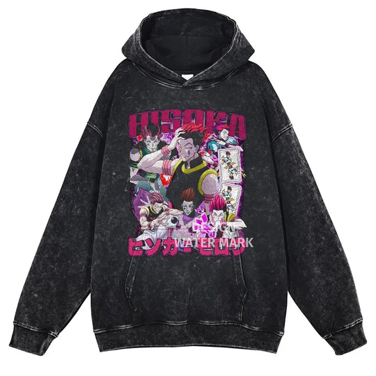 Gon Freecss Hunter x Hunter Washed Hoodie featuring a colorful manga-inspired design on a black pullover.