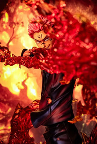 A highly detailed Ryomen Sukuna Figure made of premium PVC, showcasing the Jujutsu Kaisen King of Curses in an extreme battle stance for desktop decoration.