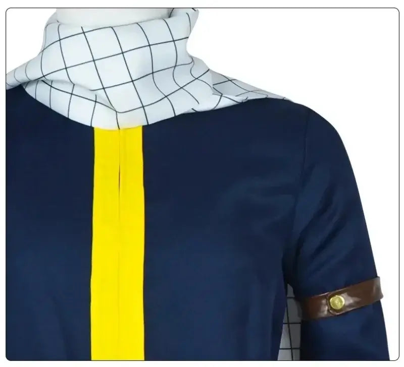 Close-up of Natsu Dragneel 100 Years Quest Cosplay Costume top pants wig scarf detail quality