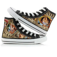 Trendy One Piece High-Top Canvas Shoes featuring creative anime pictures of Luffy, Zoro, Ace, and Chopper for men and women.