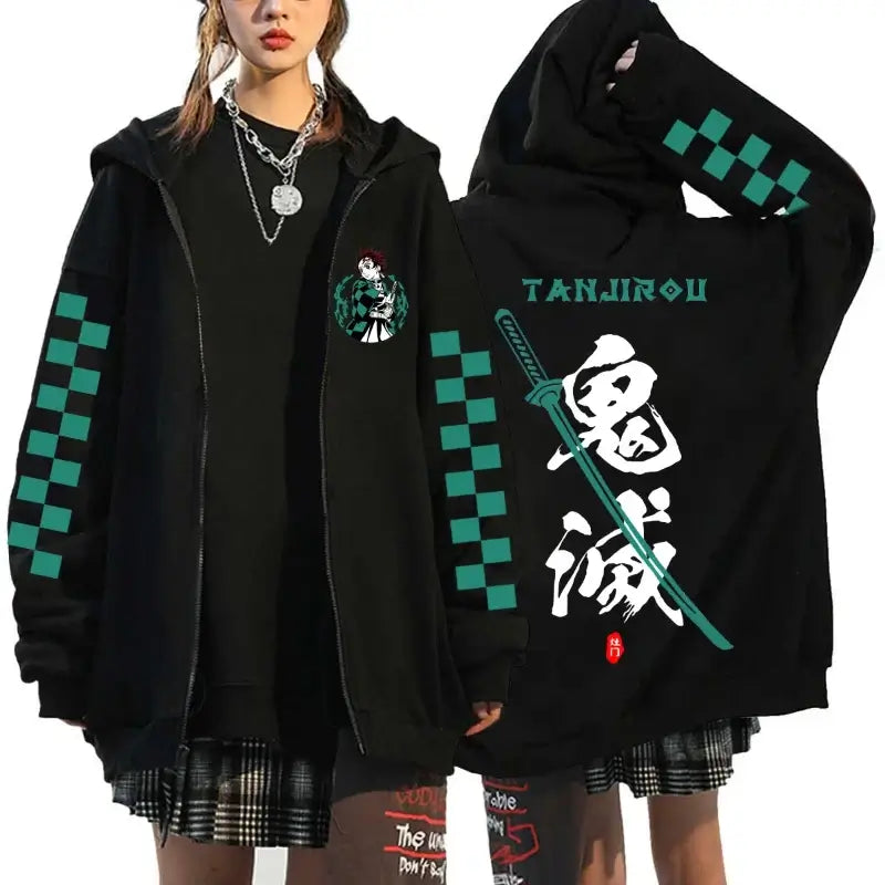 A casual loose Harajuku Fashion Anime Cartoon Demon Slayer Pattern Print Sweatshirt and fleece zipper hoodie for men and women.