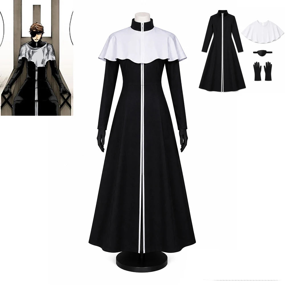 Aizen Sousuke TYBW Cosplay Costume black robe set with white shoulder cape, gloves, and eye covering.