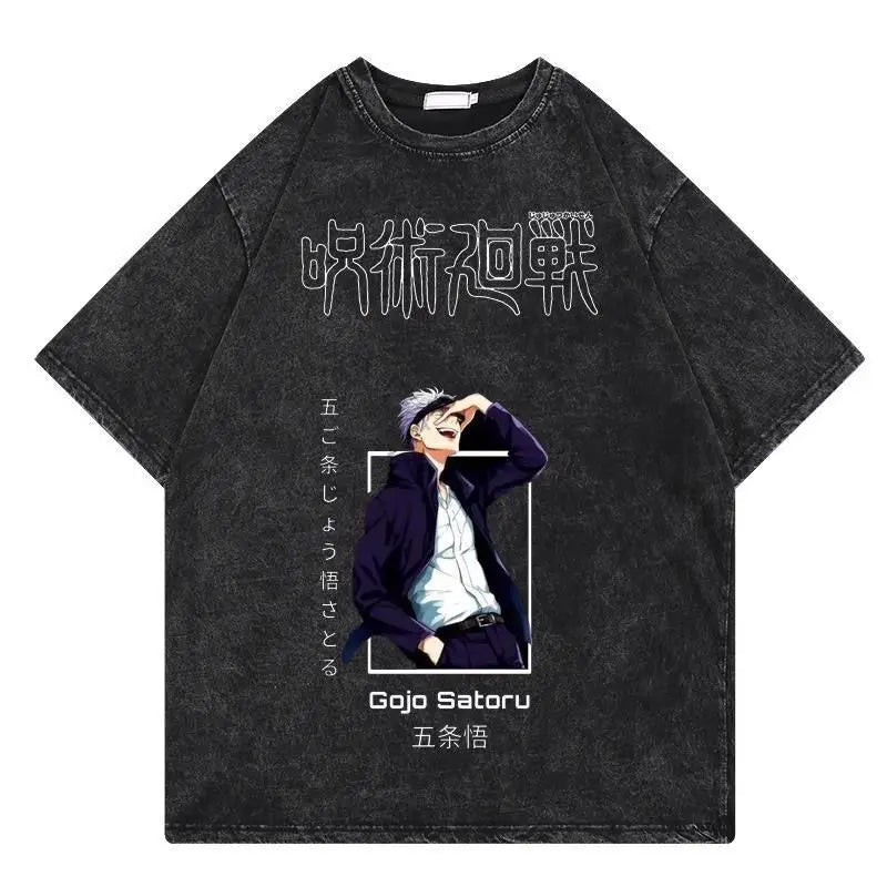 Jujutsu Kaisen Vintage Washed Cotton T-Shirt featuring Gojo Satoru in a loose style, perfect for anime fans.