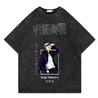 Jujutsu Kaisen Vintage Washed Cotton T-Shirt featuring Gojo Satoru in a loose style, perfect for anime fans.