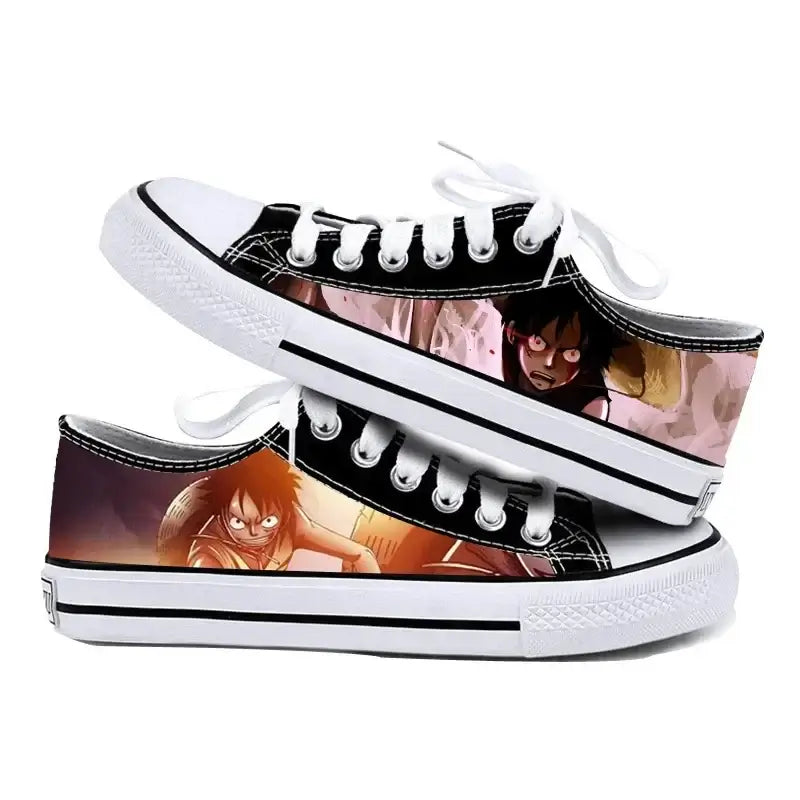 Trendy One Piece Canvas Shoes featuring Riman printed anime art, designed as breathable low-top flat sneakers for boys, girls, and couples.