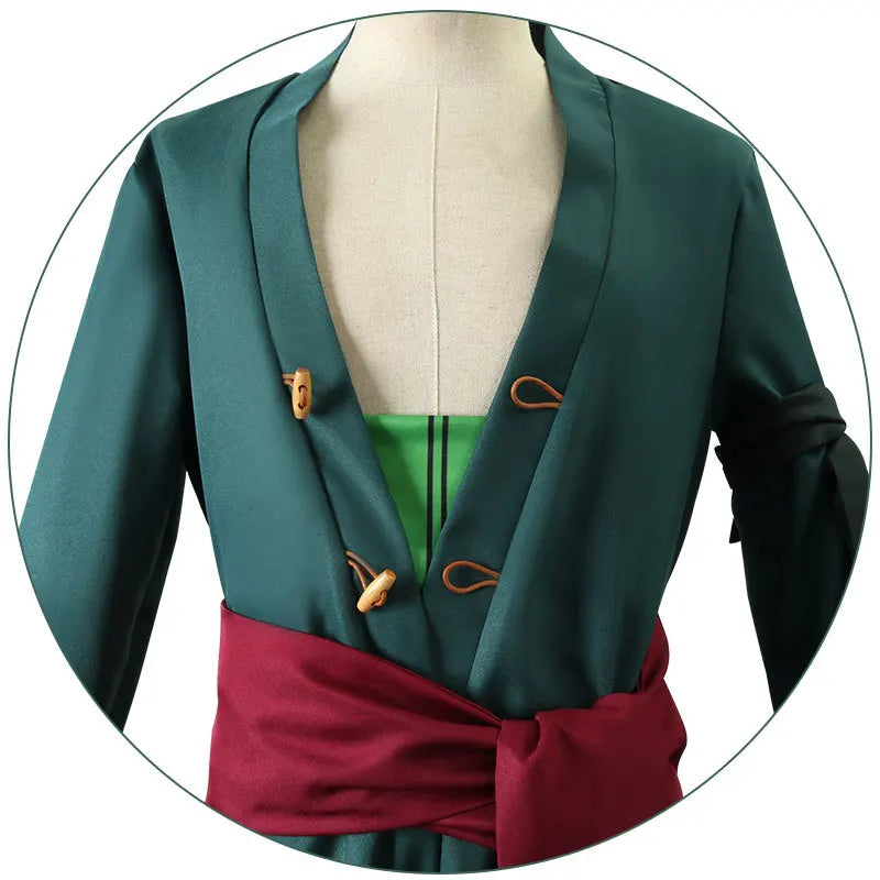 Roronoa Zoro Cosplay Costume including outfit, head scarf, and earrings available in adult sizes.
